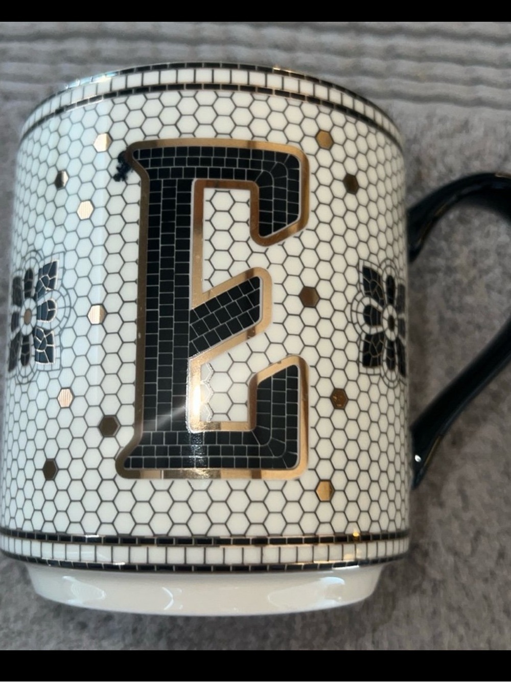 ANTHROPOLOGIE TILED MARGOT MONOGRAM “E” STONEWARE COFFEE MUG//BLACK WHITE GOLD
